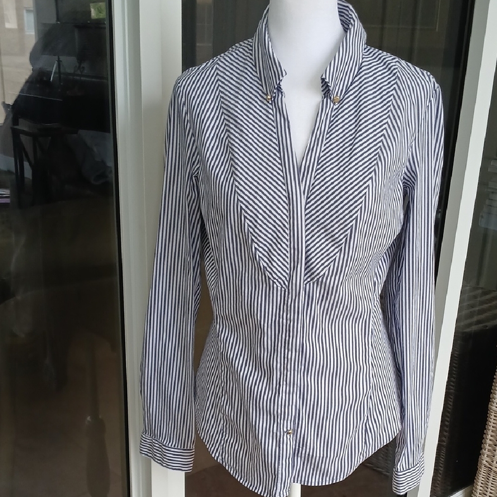 Zara Basics Women's Navy Blue and White Long Sleeve Shirt